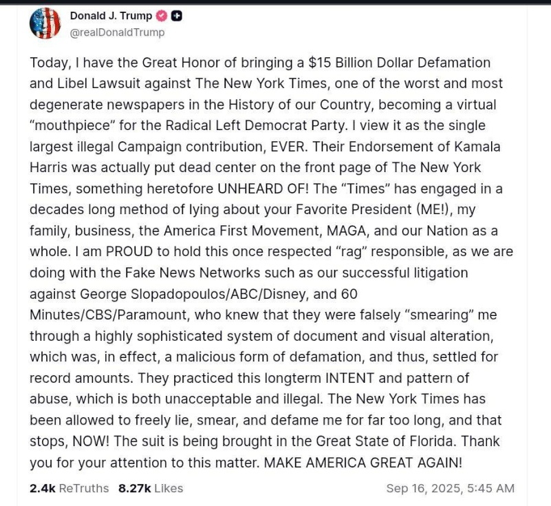    Трамп подал иск против газеты The New York Times на $15 млрд