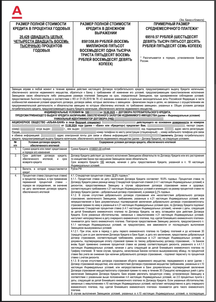 Индивидуальные условия договора потребительского кредита АО Альфа Банка (стр. 1) 