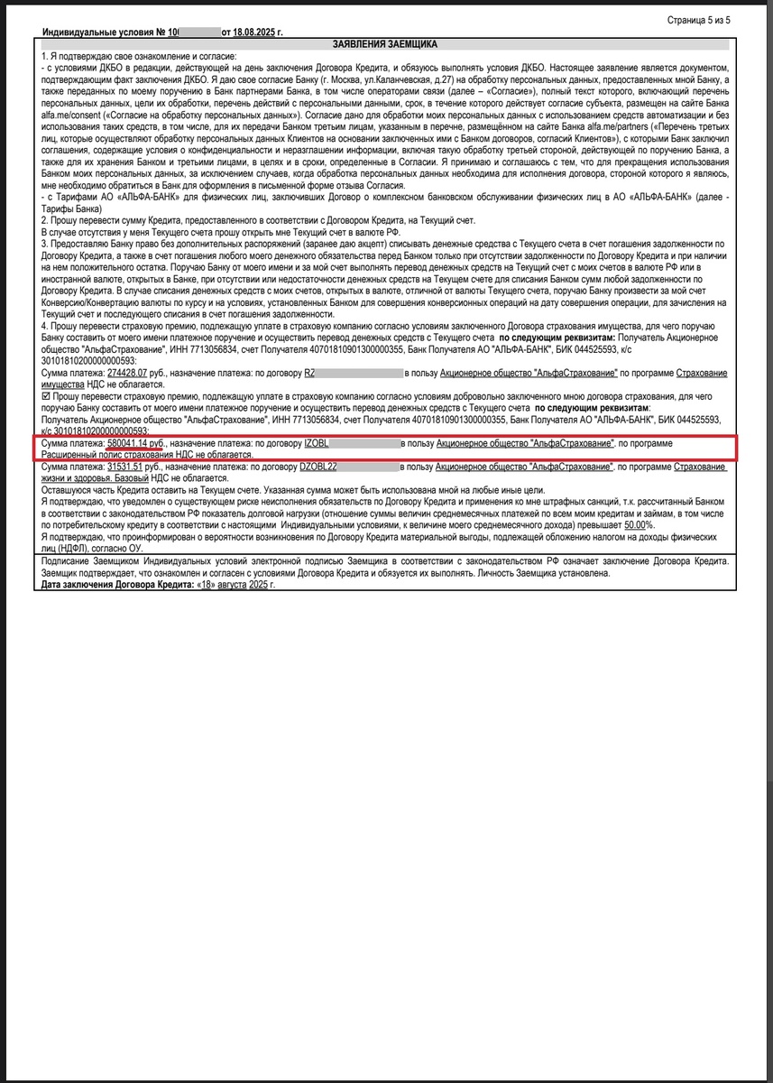 Индивидуальные условия договора потребительского кредита АО Альфа Банка (стр. 5) 