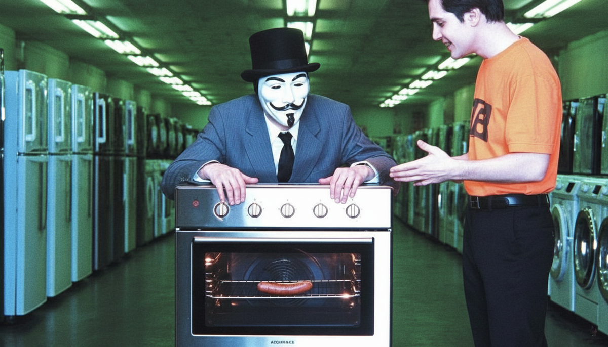 Мистер Никто слушает консультанта при покупке духовки в магазине бытовой техники