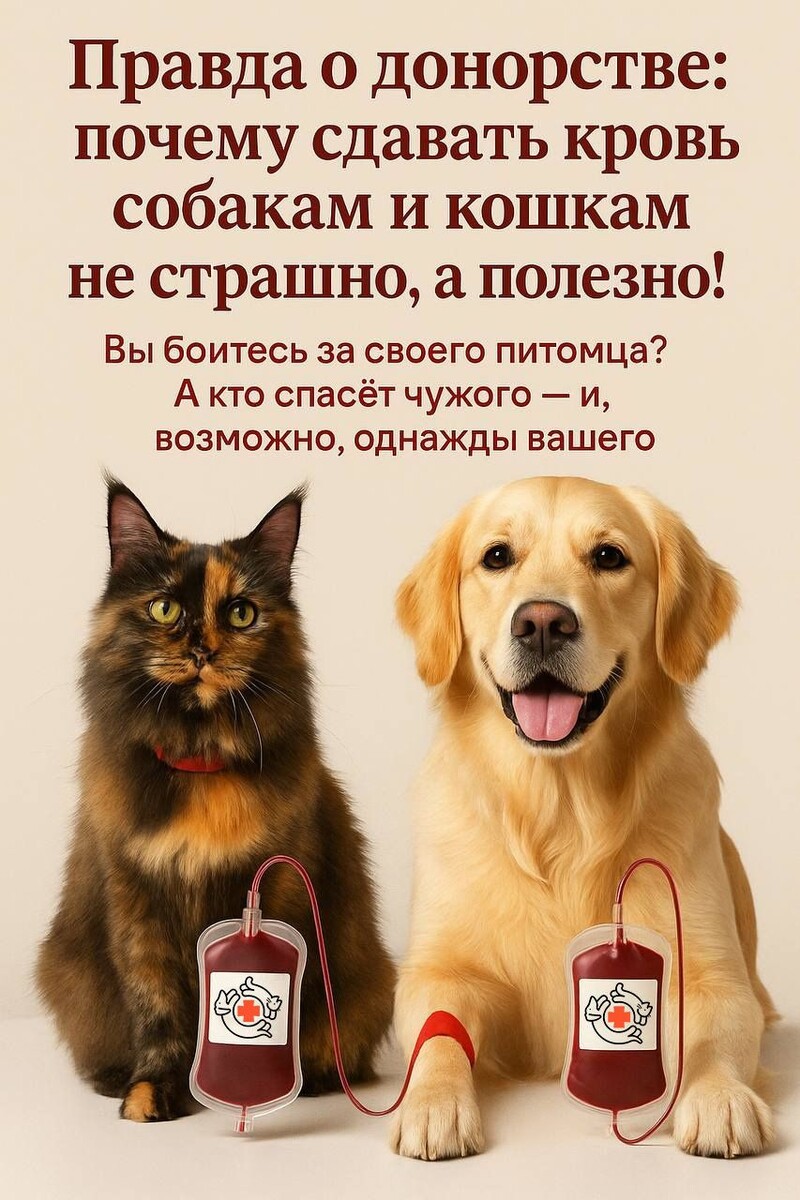 👉 Вы боитесь за своего питомца? А кто спасёт чужого — и, возможно, однажды вашего?
«Я никогда не дам своему питомцу стать донором, это опасно!» — так думают многие владельцы. Но на самом деле донорство у кошек и собак безопасно и даже приносит пользу самим животным. Давайте разберёмся, где миф, а где правда.

❌ Миф 1. Донорство ослабляет питомца
Факт: у кошек и собак берут не более 10% от объёма крови, и только у здоровых животных. Для кошки это всего 50–70 мл, для крупной собаки — 300–450 мл. Организм быстро восстанавливается, а самочувствие питомца не меняется.

❌ Миф 2. Это больно и стрессово
Факт: кошкам делают лёгкую седацию, чтобы они не нервничали. Собаки, которые спокойно лежат, могут сдавать кровь и без неё. Процедура не вызывает боли — больше волнений у хозяина, чем у животного.

❌ Миф 3. Это не нужно
Факт: донорская кровь часто — единственный шанс спасти жизнь. При тяжёлых операциях, анемиях, авариях без переливания питомец может погибнуть. Донорство делает вашего любимца настоящим героем 🦸‍♂️🐶🐱.

✅ Почему это полезно самому донору
бесплатное полное обследование перед донацией;
профилактика болезней (все анализы остаются у вас на руках);
стимуляция кроветворения, что положительно сказывается на здоровье.

🐕 Реальные истории
Боня, 4-летний лабрадор. Его кровь спасла щенка после аварии. Через неделю малыш уже бегал по двору, а семья до сих пор благодарит Боню.
Муся, кошка весом 4,5 кг. Сдала кровь, чтобы помочь котёнку с анемией. Спокойно перенесла процедуру и вернулась домой с подарочным кормом и гордым титулом «спасательницы».
Каждый такой донор — это шанс для жизни. И завтра героем может стать ваш питомец.

📍 Где сдать кровь?
В Москве это можно сделать в ВетБанке — специализированной организации, где каждая единица крови проходит проверку на инфекции и гарантируется безопасность.

💡 Донорство — это не риск, а шанс.
Шанс спасти чужую жизнь. И однажды, возможно, жизнь вашего питомца.