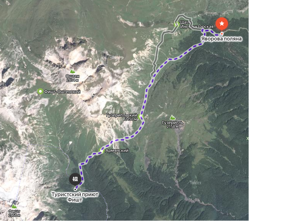 Приблизительный маршрут от Яворовой поляны до приюта Фишт