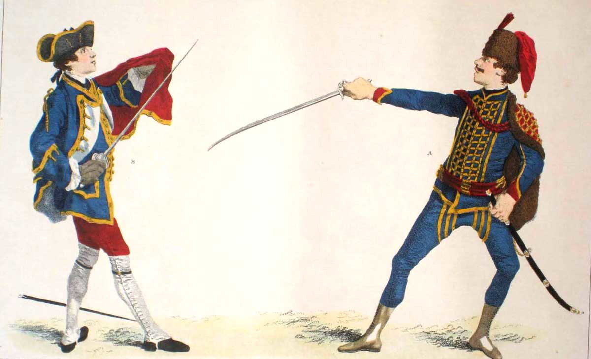 Придворная шпага против шпаги в Школе оружия Доменико Анджело, 1763 г., через Le Fracas des Lames