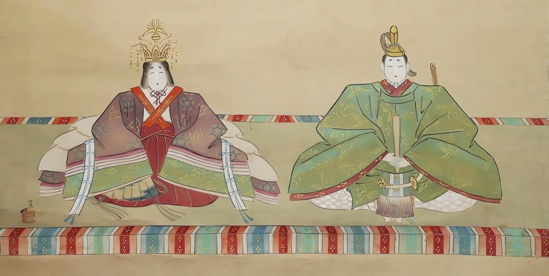 Свиток (деталь) с изображением праздничных кукол японского императора (справа) и императрицы. Акинаки Хори