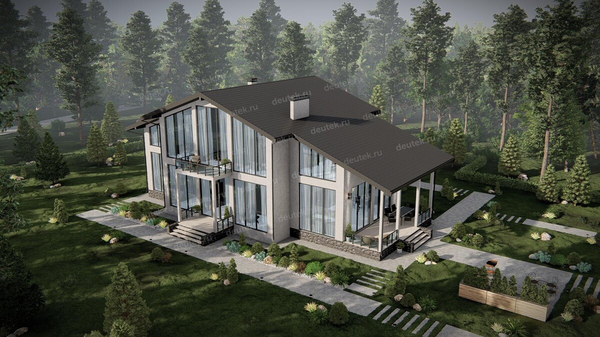 Проект двухэтажного дома 569 м2 со вторым светом и большими окнами