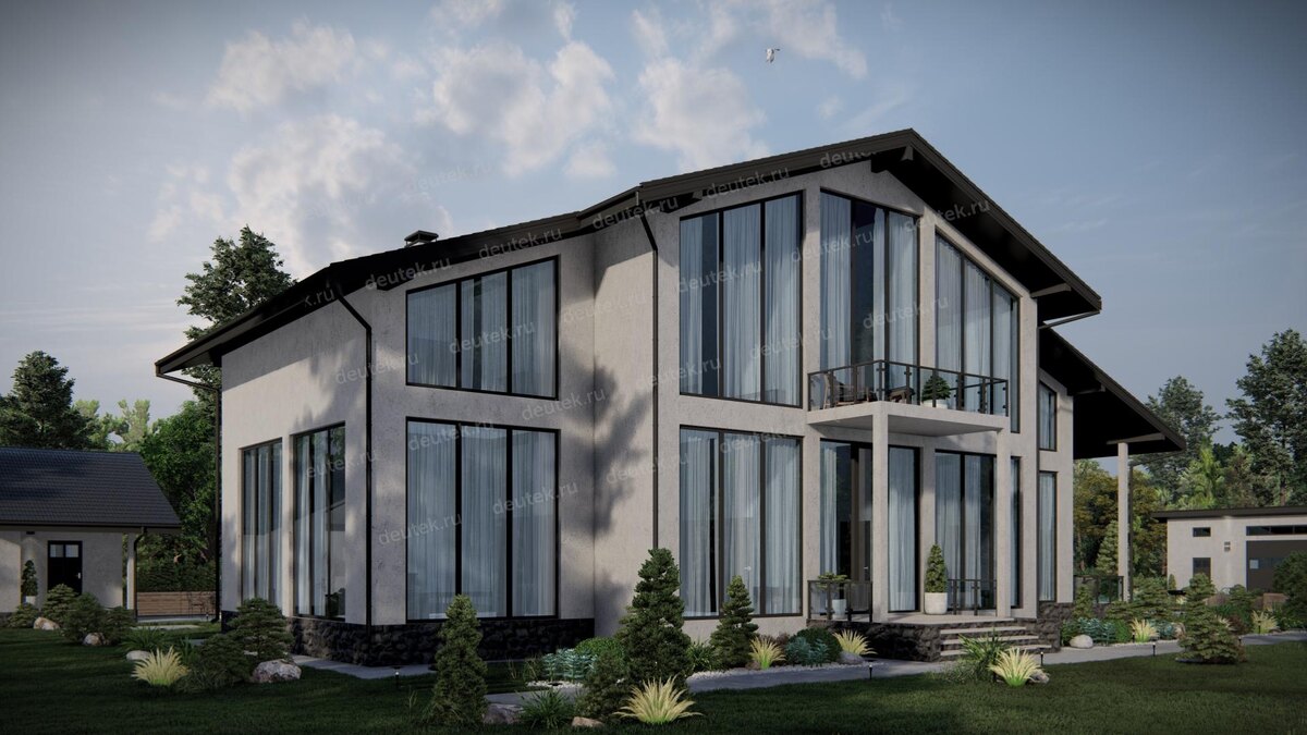 Проект двухэтажного дома 569 м2 со вторым светом и большими окнами