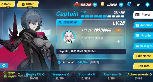    Кнопка перехода в раздел Account в игре Honkai Impact 3rd