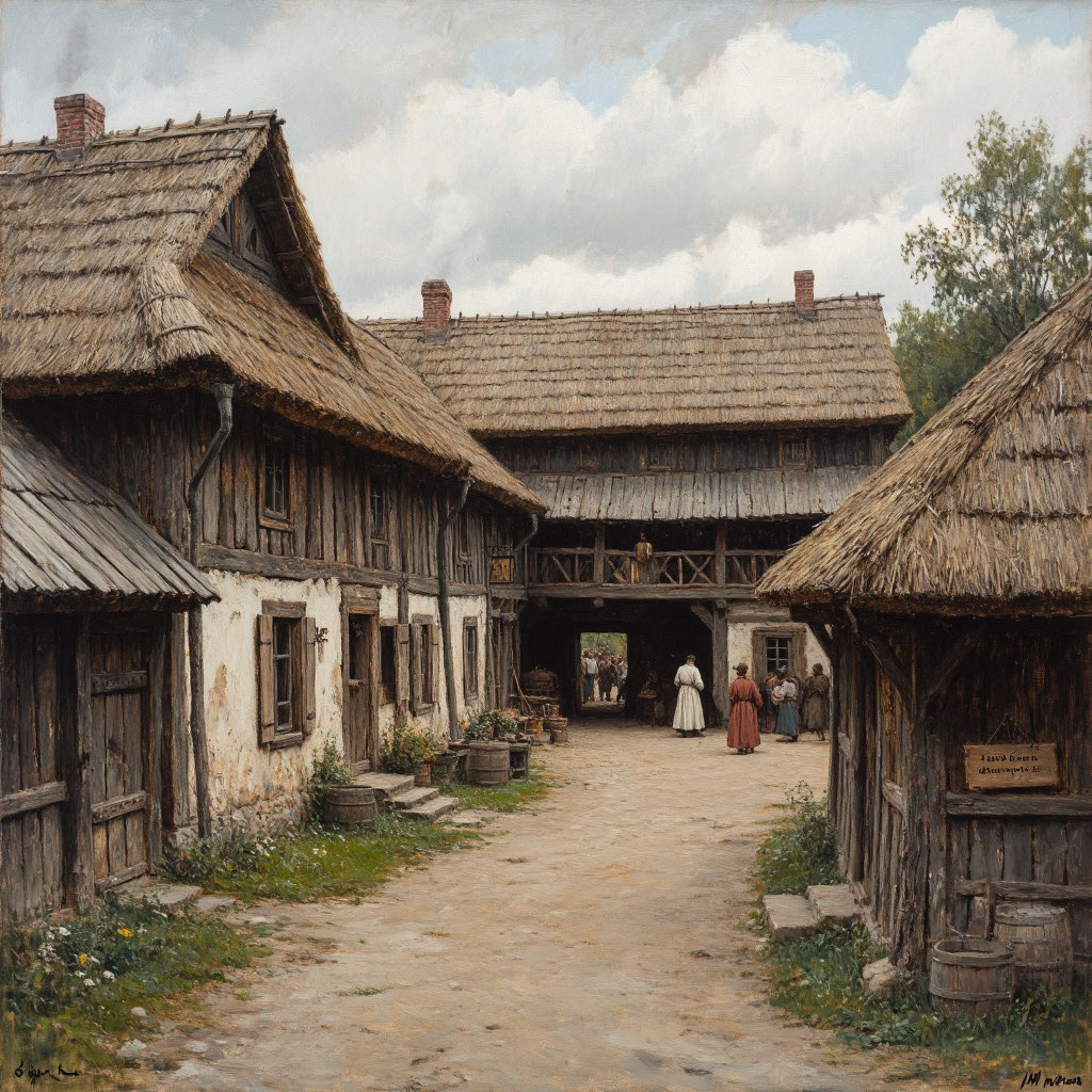 Так ИИ представляет постоялый двор в русской деревне 19 века