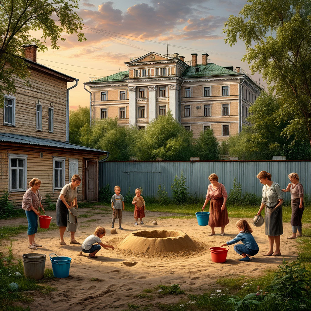 Обычный двор и особняк сталинских времён, изображение создано сетью "Шедеврум"