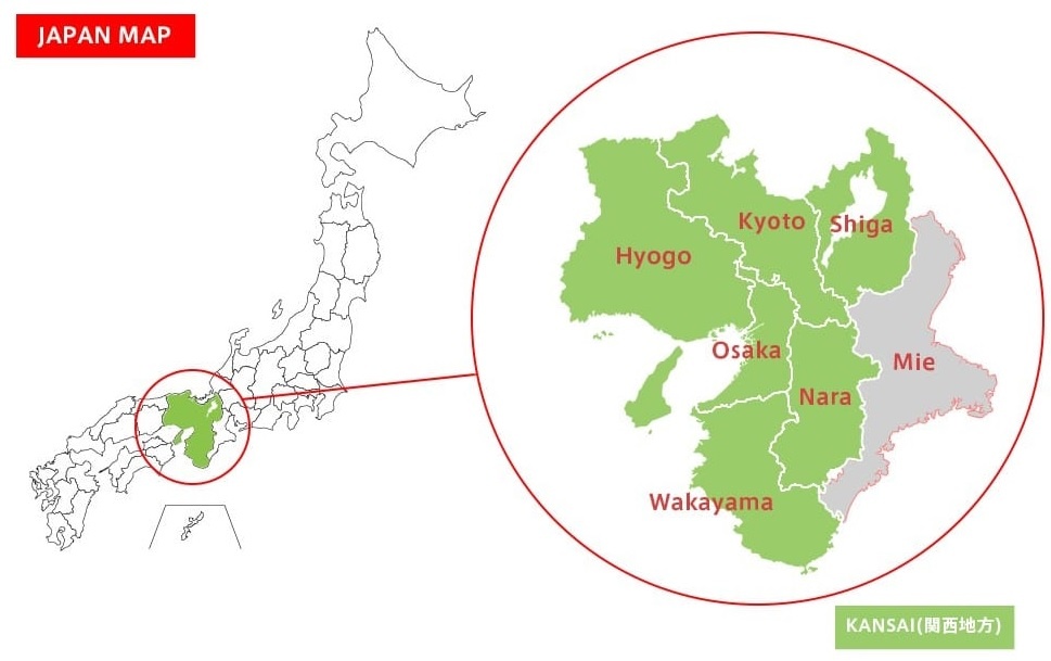 Регион Кансай на карте Японии и префектура Осака в нем.