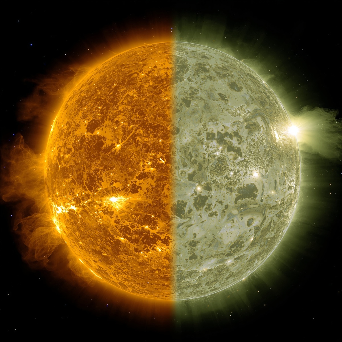 Слева половина привычного на наш взгляд солнца, а справа половина солнца каким оно является на самом деле