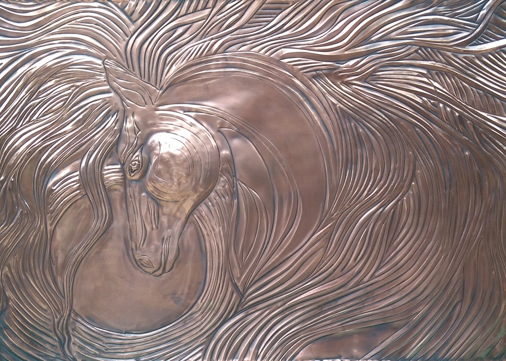 Чеканка в интерьере .  Конь Огонь. Панно.Медь. 60 х 75 .Иркутск 2025 г.