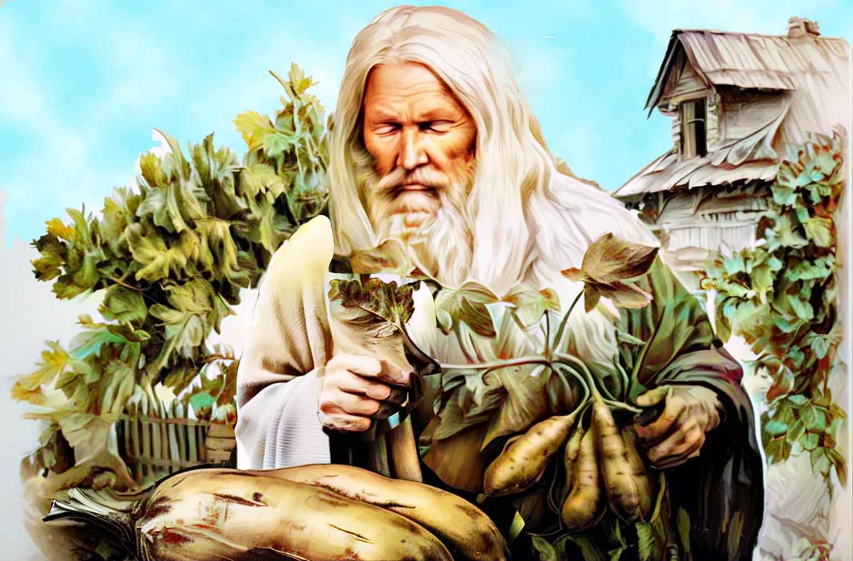 Патриарх Богумир, который, по легенде, прожил 1000 лет, с ямсом. Рис. А. Асова.