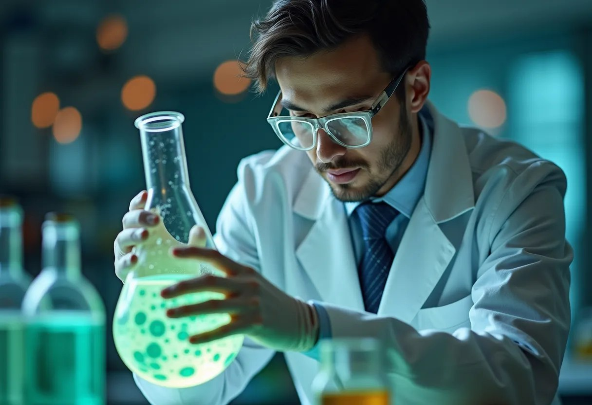 Учёный исследует клеточную фабрику в колбе.