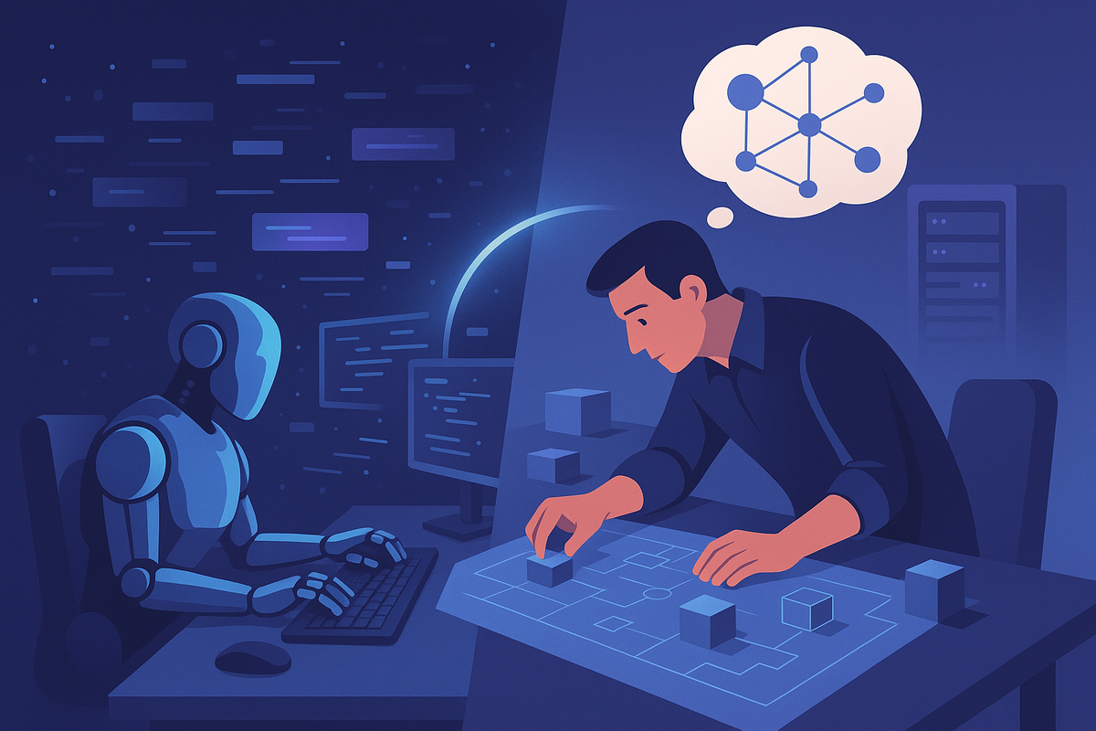 Разделённая сцена — слева ИИ печатает код за мониторами, справа человек конструирует архитектуру на светящемся “чертежном” столе, соединённые дугой данных.