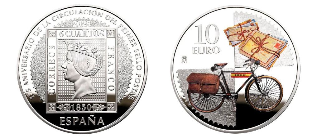    Испанская памятная монета 10 евро 175 лет почтовой марке с изображением Изабеллы II и почтовой символики
