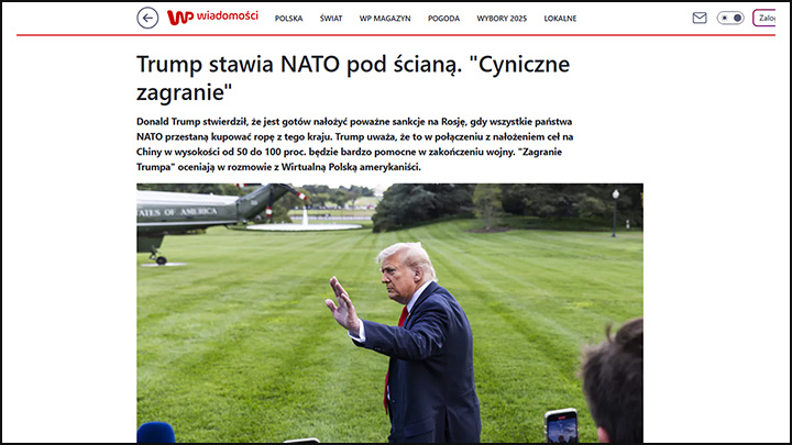    "Циничная игра: Трамп припёр НАТО к стенке". Скриншот: wp.pl