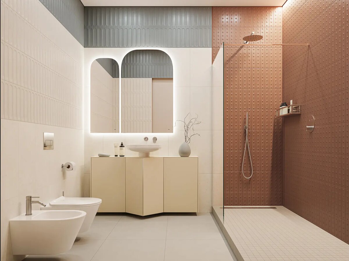 Раковина SAFI, тумба CARAVAN, зеркало VETRATA, смеситель SIARA, керамическая плитка «Карму», «Медина», керамический гранит «Про Чементо», унитаз и биде PLAZA Modern 