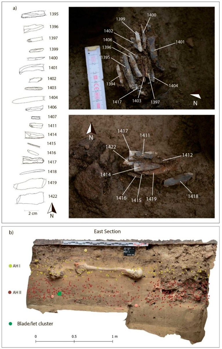    a) Скопление каменных орудий в месте их обнаружения; b) составное изображение: скопление каменных орудий и другие находки из культурных слоев / © Martin Novák