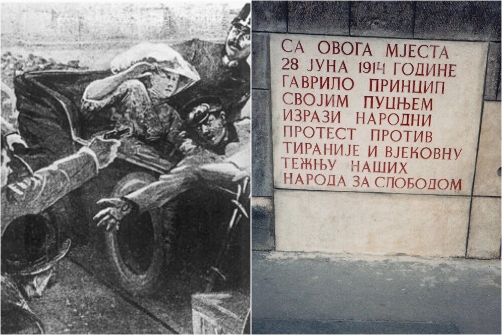    Гаврило Принцип убивает Франца Фердинанда. Рисунок из австрийской газеты 1914 год; Мемориальная доска на месте убийства, прославляющая Принципа, «выразившего своим выстрелом народный протест против тирании и вековую борьбу наших народов за свободу», 1987 год. Фото: Коллаж АиФ