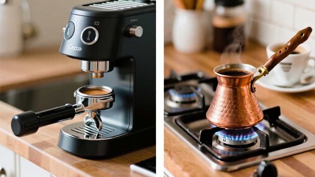 
Два подхода к идеальному кофе: современная рожковая кофеварка и традиционная медная турка