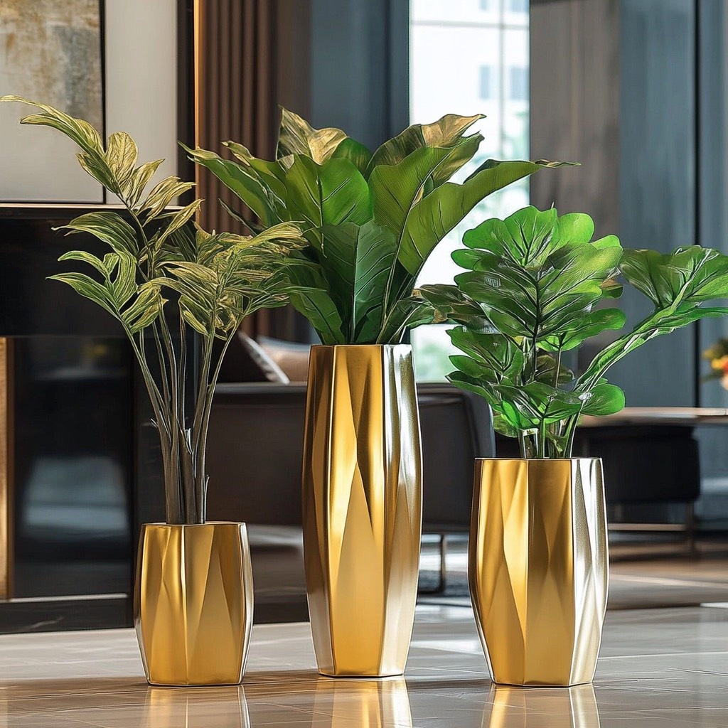 Яркие растения в золотых кашпо