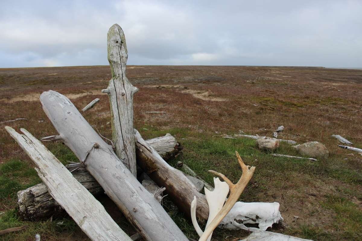 Священное место Сэр-нго Ирико (Старик Ледяного острова, Хозяин Белого острова). Расположен на юго-восточном берегу острова Белый. Фото: Культура Ямала, 2017