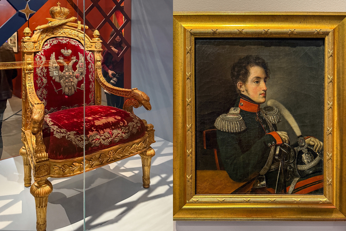 Тронное кресло Николая I из зала общего собрания Правительствующего Сената и его портрет, приписываемый Оресту Кипренскому