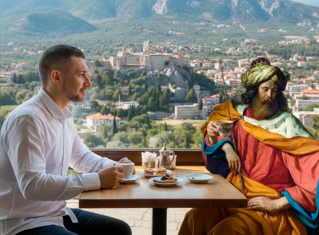 Я и царь Давид на фоне горы Афон. Скипетр убрать нельзя, и чай попить тожен нужно.