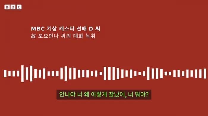   Верхний текст (описание): 
Старшая коллега «D», ведущая прогноза погоды MBC   
Запись разговора с покойной О Ё Анной   
Нижний текст (субтитры произносимых слов): 
Анна, ты почему такая особенная? Ты кто вообще такая?