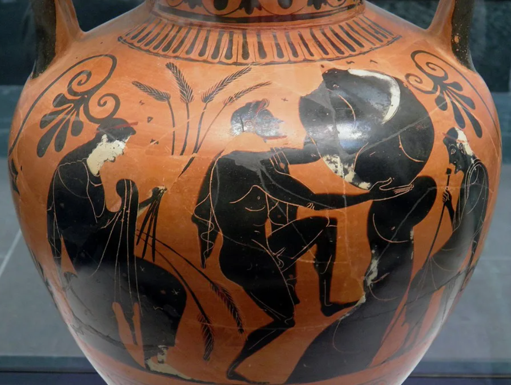 Миф о Сизифе: Жестокий царь получает вечное наказание за то, что прогневал Зевса. Древнегреческая керамика, древнегреческое искусство. (интернет)