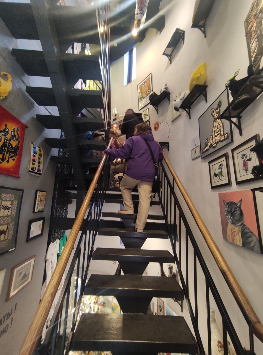 Вот такая узкая лестница в музее. Разойтись люди могут только на площадках (но и они очень маленькие). В итоге все заняты тем, что пытаются как-то разойтись, а не рассматриванием экспонатов. 