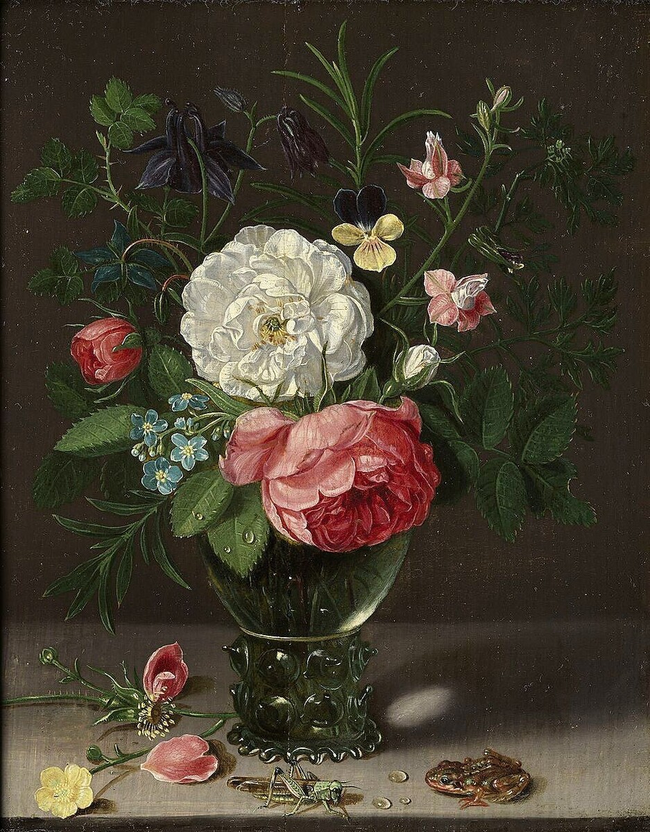 Цветы в вазе с кузнечиком и лягушкой, масло, дерево, Музей Майера ван ден Берга