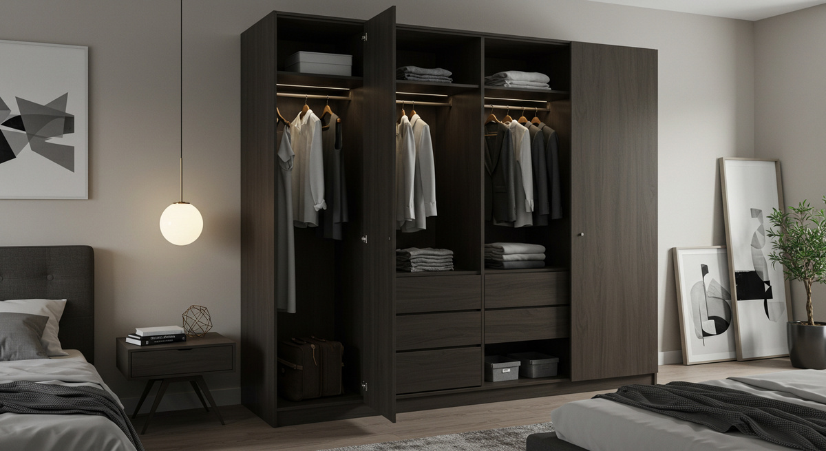 Многофункциональный шкаф с ящиками, штангами и подсветкой в спальню