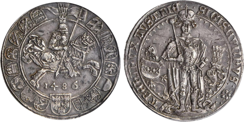 Тирольская монета гульдинер 1486 года. На аверсе изображение эрцгерцога в богатом облачении, возле него рыцарские доспехи и щиток герба. Надпись по окружности: «SIGISMUNDUS ARCHIDUX AUSTRIAE». На обороте Зигмунд представлен в виде всадника на турнире, а под ним — дата 1486, окруженная шестнадцатью гербами.