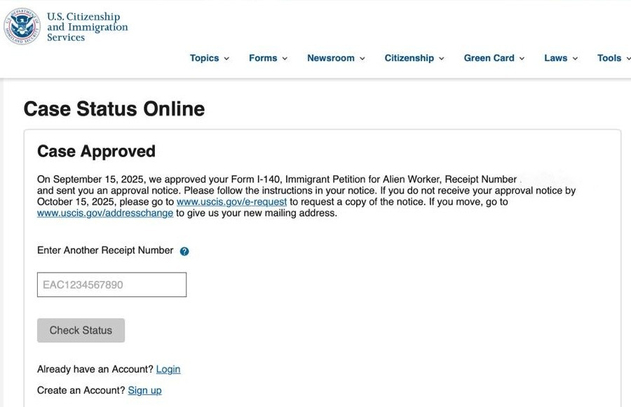 Так выглядит одобрение вашего кейса на сайте USCIS