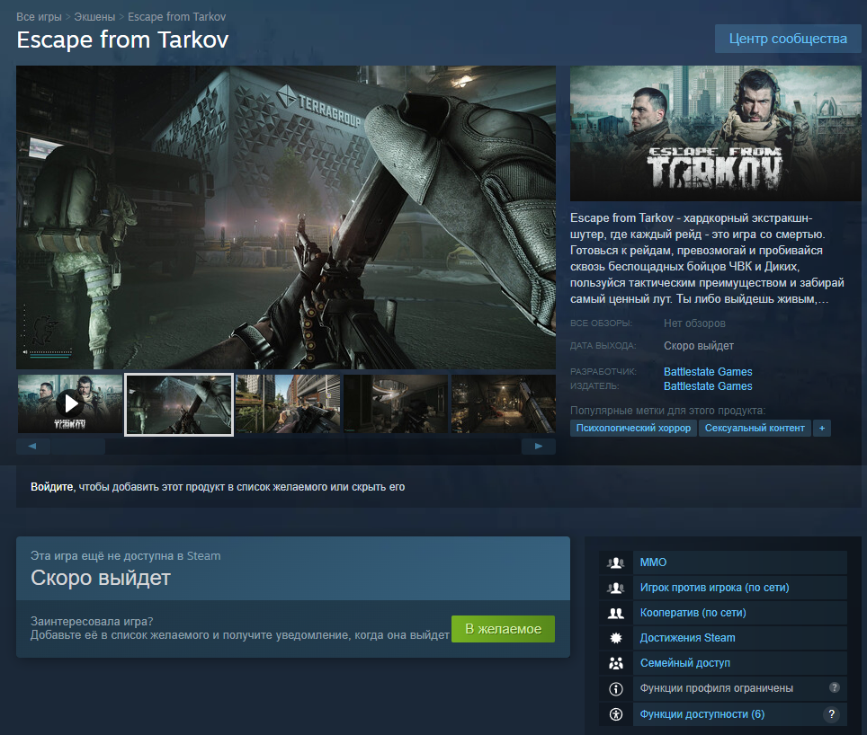 Страница игры в магазине Steam. 