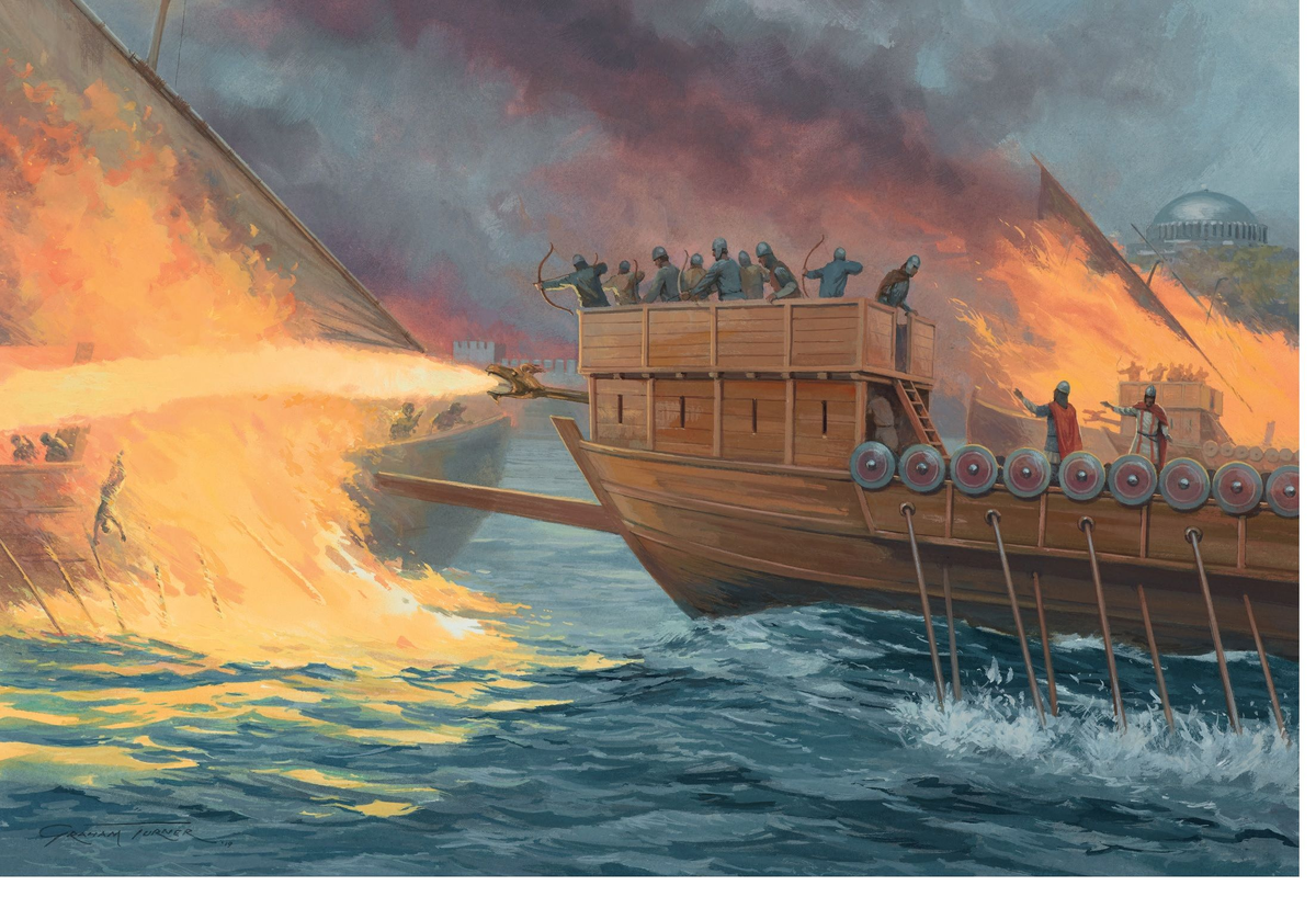 Визуальная реконструкция применения греческого огня кораблями