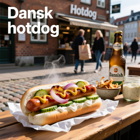 анск хотдог (Dansk hotdog) — с луком, огурцом и ремуладом