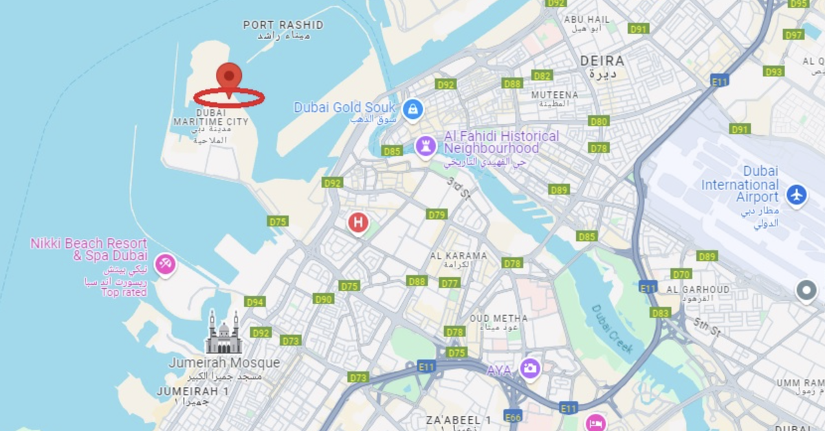 Район Dubai Maritime City на карте Дубая. 