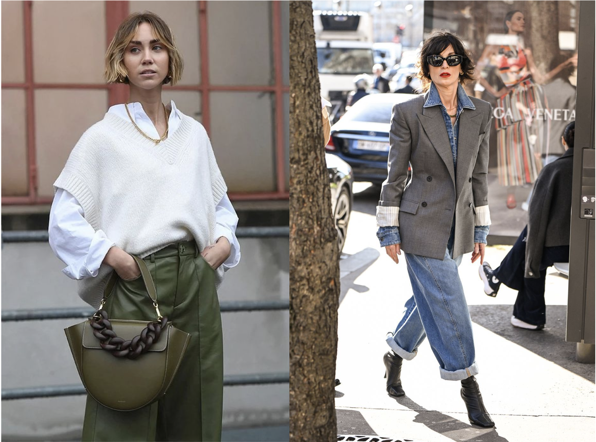 На этих ваших уличных и блоггерских фото, конечно, фиг найдешь что-то точно для офиса. Но вы посмотрите по своей ситуации: возьмите этот силуэт и идею слоев и повторите на тех текстурах, которые у вас допустимы по дресс-коду (предполагаю, что на более тонких, костюмных тканях можно везде) 