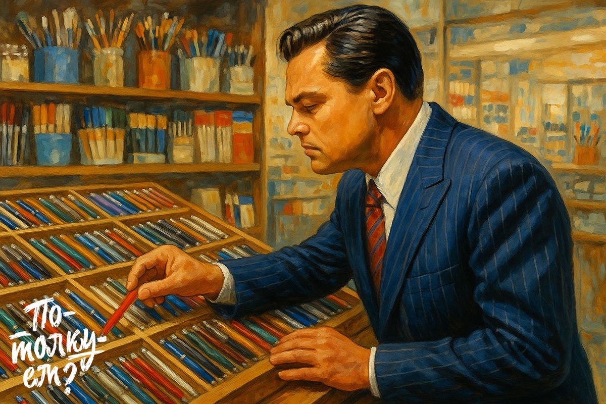 Джордан Белфорт выбирает шариковую ручку в магазине.