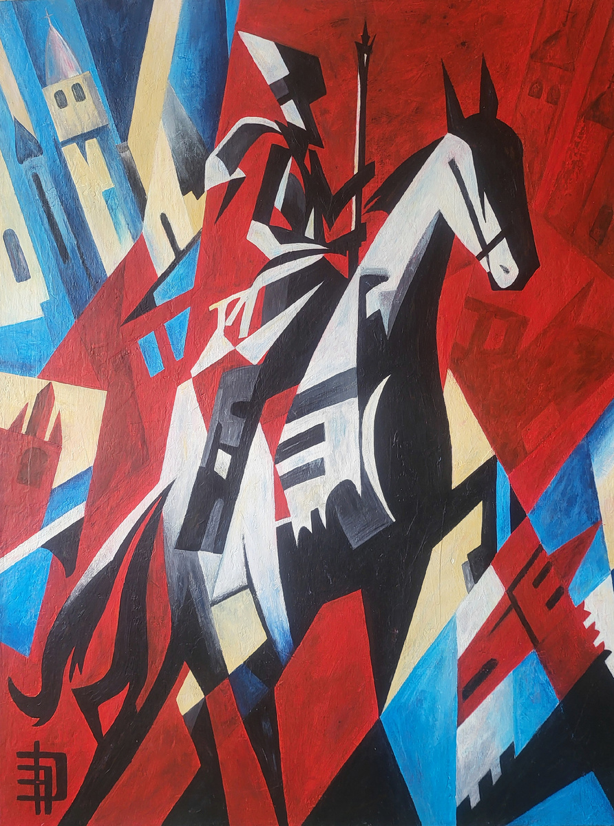 Мари Дагаз. "Всадник веры". Холст 100×70, акрил, масло. Москва 2025.