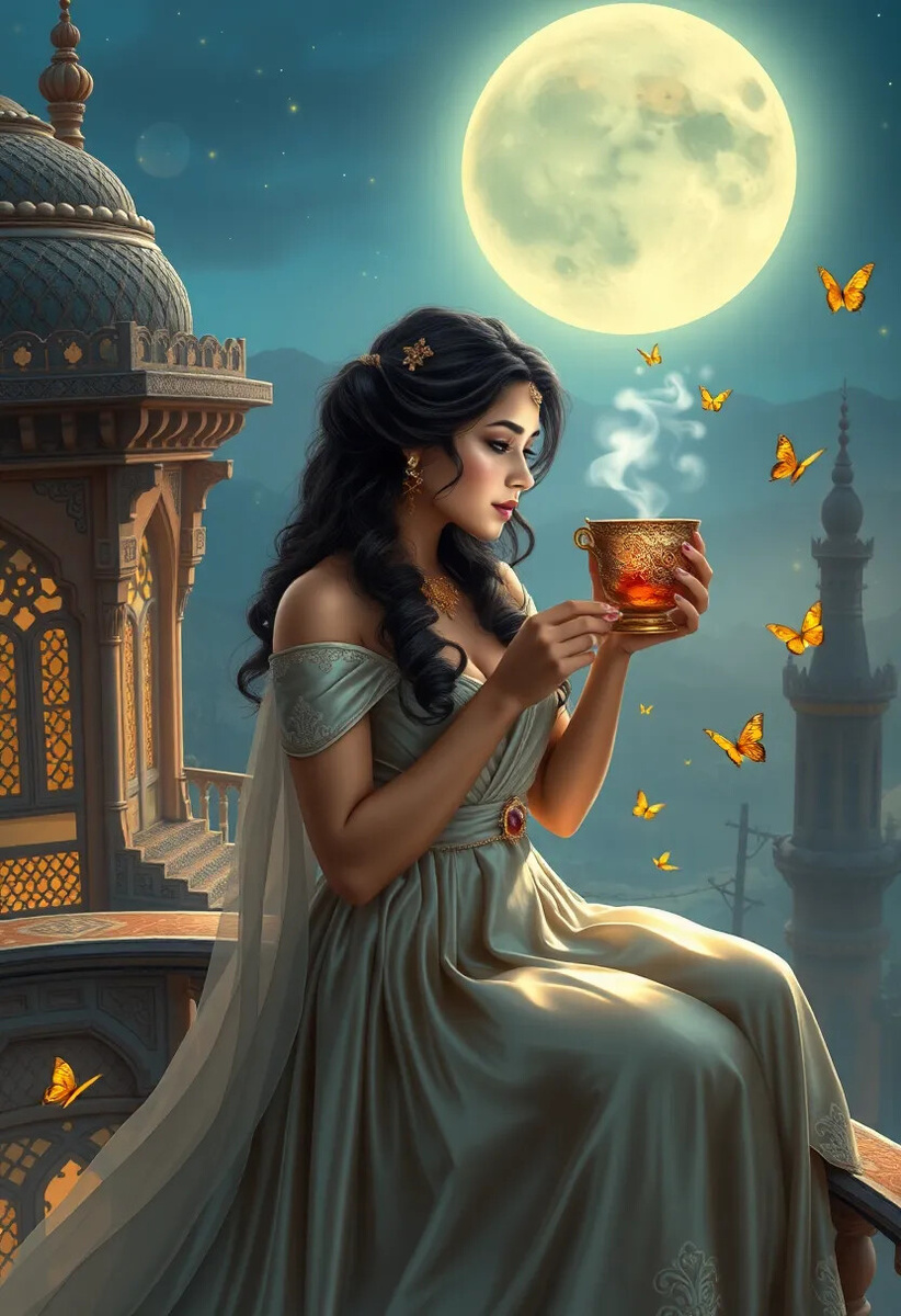 Вот она - прекрасная принцесса Ясмин на своей башне, наслаждающаяся магическим чаем "Тысяча и одна ночь". Вокруг неё порхают золотые бабочки - её ожившие сказки, а звёзды склоняются ниже, чтобы послушать её удивительные истории...