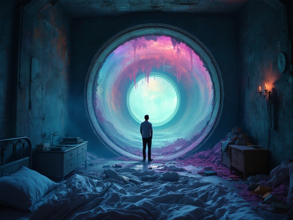    К чему такое снится: На картине изображен мужчина, стоящий в предбаннике бани и смотрящий в открытый люк. Вокруг него виден сломанный стол и беспорядок. В глубине люка виднеется большое