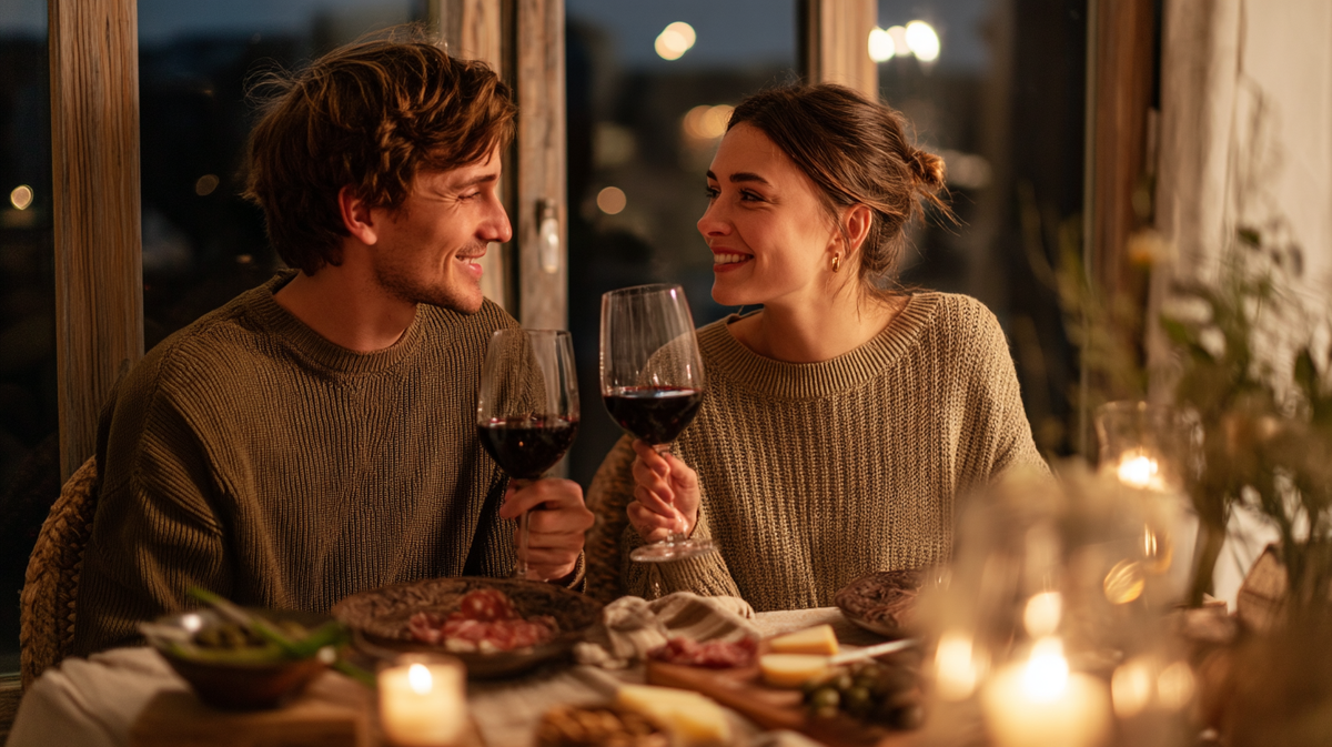 Кето-ужин для двоих: молодая пара за столом вечером, бокалы сухого красного вина, закуски без углеводов — сыр, орехи, колбаса и оливки