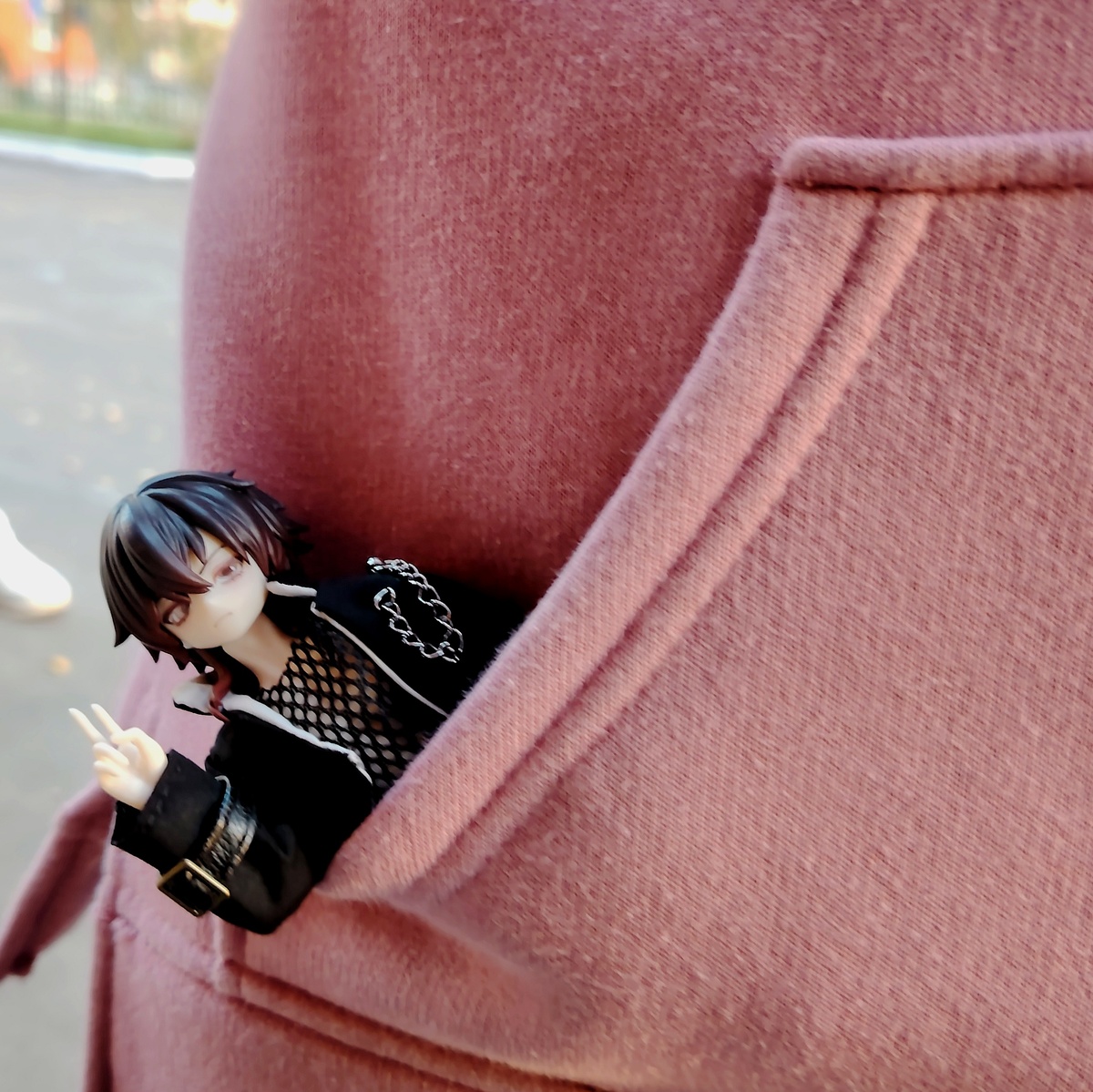 Выглядывает из кармана дочкиного худи. До школы шёл с ней. 