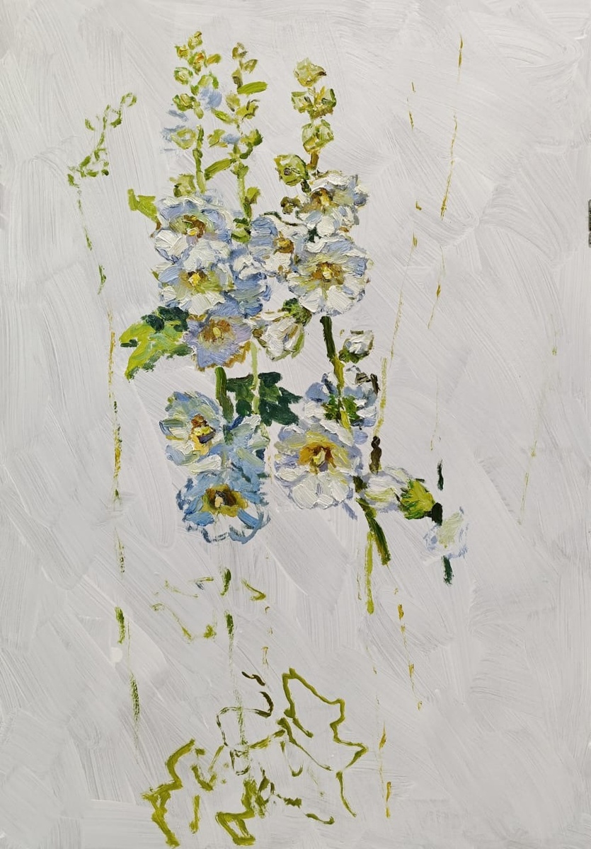 Полина Горецкая «Белые мальвы» 2025 картон, масло 100х70