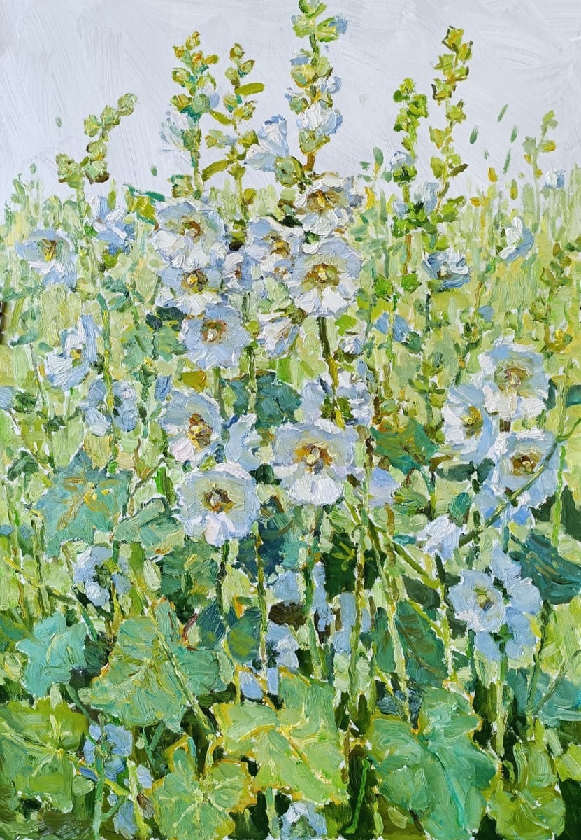 Полина Горецкая «Белые мальвы» 2025 картон, масло 100х70