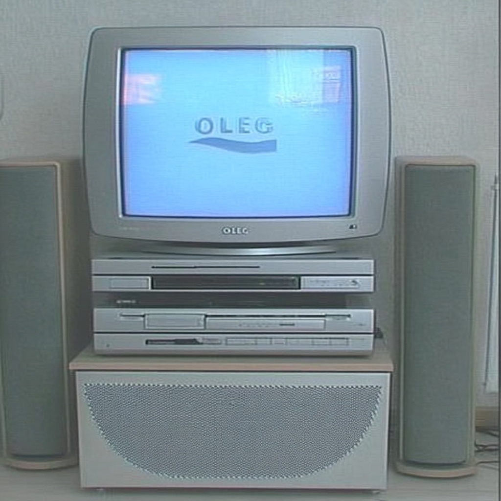 Старый телевизор с логотипом OLEG на экране, символ архивов и истории бренда из 80-х.